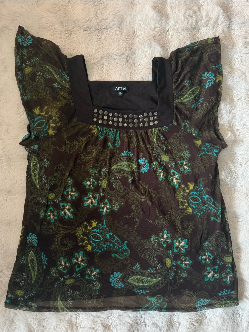 APT. 9 Black Paisley Flutter Sleeve Top with Studded Square Neck